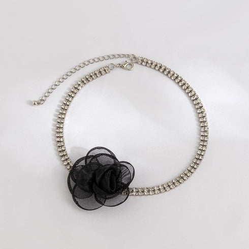 Sparkly Full Rhinestone Choker Necklace with Rose Flower Bling Crystal Beaded Silver Collar Chain Bridal Wedding Costume Jewelry for Women and Gir...