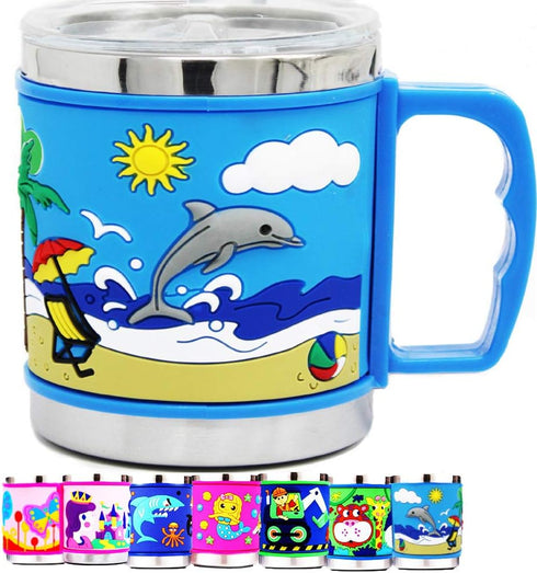 F-32 12 Oz Kids Stainless Steel DOLPHINS 3D Mugs with 2 Pack Slider Closure Lids - Eco-Friendly - BPA Free Signature Collection (Dolphins)...