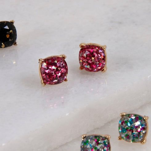 Humble Chic Small Square Stud Earrings for Women - 10mm Gold-Tone Glitter Statement Post Ear Studs...
