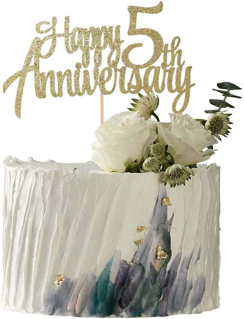 5th Anniversary Party Decoration Gold Glitter 5th happy Anniversary Cake Topper...
