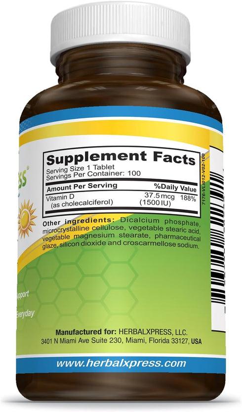 Herbalxpress Vitamin D (as cholecalciferol) 1,500 IU (100 Tablets) is The Perfect Addition to a Healthy Lifestyle, Bones, Teeth, Muscles, Immune F...