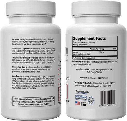 Superior Labs – Best L-Lysine NonGMO - Dietary Supplement –500 mg Pure Active L-Lysine – 120 Vegetable Capsules – Supports Calcium Absorption – Im...