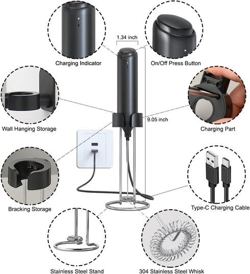 Handheld Milk Frother Wand Rechargeable with Stand for Latte/Electric Whisk Coffee Frother Handheld/Milk Frother Rechargeable Coffee Mixer Wand/Dr...