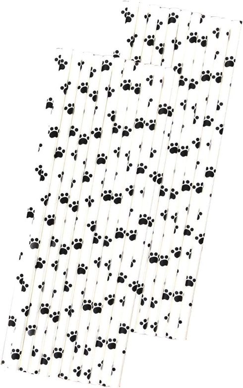 Dog Theme Paw Print Paper Drinking Straws - Black White - 7.75 inches - 50 Pack - Outside The Box Papers Brand...