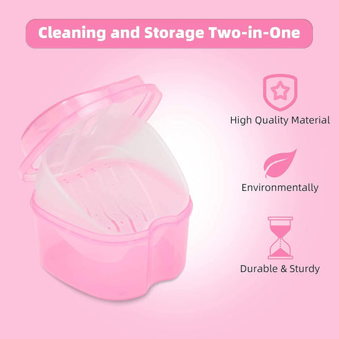 Dental Orthodontic Retainer Container Cleaning Case,Denture Bath Box Case Cup Holder, Mouthguard Storage Soaking Case - Pink...