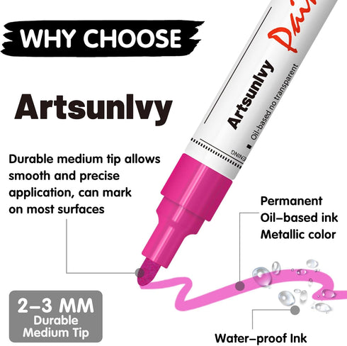 Pink Paint Pens Permanent Markers - 2 Pack Paint Markers for Metal, Rubber,Wood, Rocks, Canvas, Plastic, Dark Surface, Craft Art Supplies, Medium ...