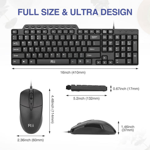 Basic Keyboard and Mouse,Rii RK203 Ultra Full Size Slim USB Basic Wired Mouse and Keyboard Combo Set with Number Pad for Computer,Laptop,PC,Notebo...