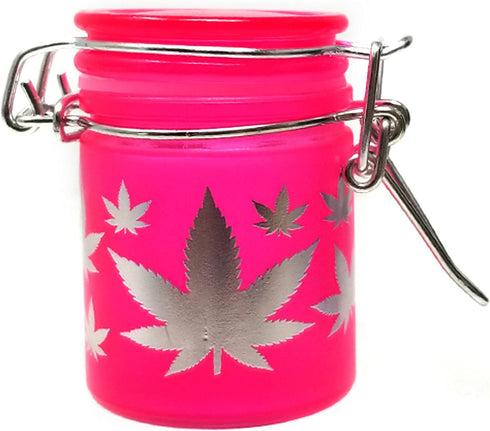 Airtight Glass Herb Mini Storage Jar with Clamping Lid in Choice of Design (Frosted Neon Pink/Silver Leaves)...