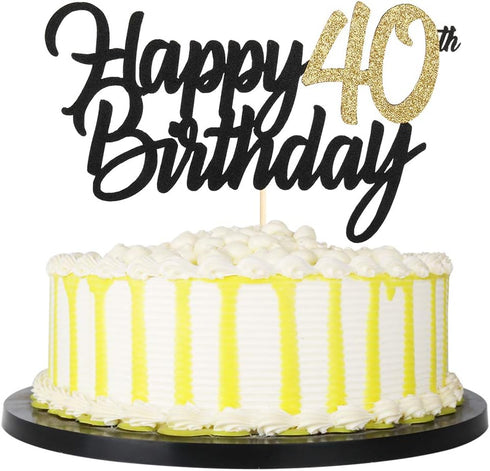PALASASA Black Gold Glitter Happy Birthday cake topper - 40 Anniversary/Birthday Cake Topper Party Decoration (40th)...