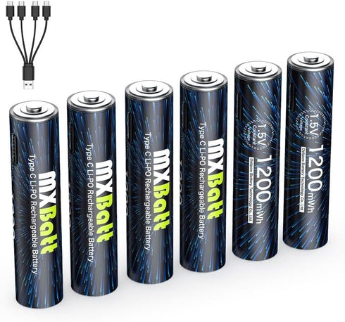 AAA Rechargeable Battery USB C 1.5V 1200mWh High Capacity,Rechargeable AAA Batteries Lithium 6-Pack with USB C Port Cable 1500 Cycles...