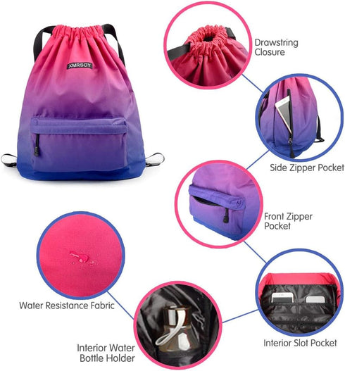 Gym Drawstring Backpack Water Resistant String Bag Nylon Cinch Sport Bag Sackpack...