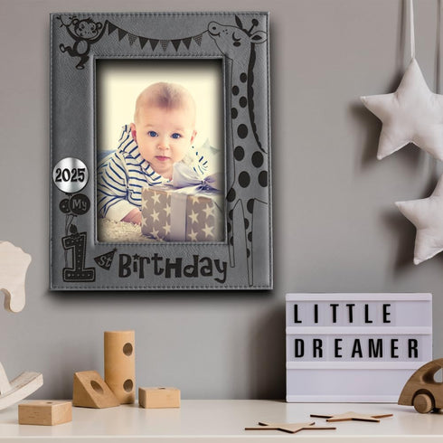 BELLA BUSTA- My first Birthday Picture Frame- Baby's First Birthday Frame- Engraved Leather Picture Frame(5 x 7 Vertical)...