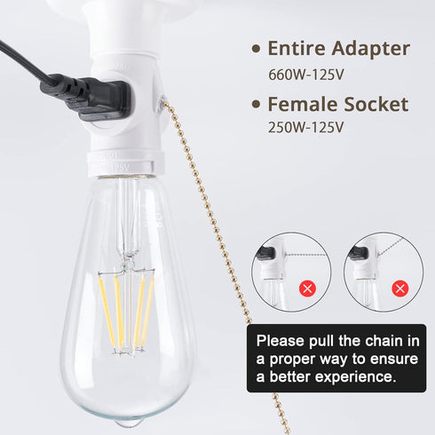DiCUNO E26 Light Socket to Plug Adapter, 2 Polarized Outlet Bulb Splitter, UL Listed, Gold Pull Chain Switch Control Light Bulb, Standard (Medium)...