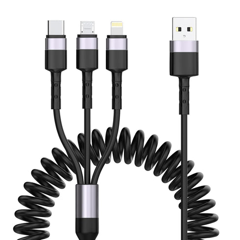 Multi Charging Cable, 3IN1 USB A to Lightning/USB C/Micro USB Coiled Stretch Charging Cords 5FT-6.6FT with Carplay, for iPhone 15/14/13/12/11 Pro ...