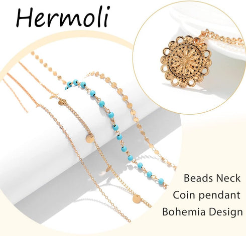 Boho Choker Women Necklace Gold Turquoise Coin Pendant Layered Necklaces Chain Glitter Bohemia Sequin Tassel Necks Jewelry for Women...