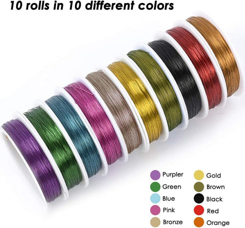 10 Pack Jewelry Beading Wire with Cutting Pliers, DaKuan Craft Wire Jewelry Beading Wire Tarnish Resistant Copper Wire for Jewelry Making (26 Gaug...