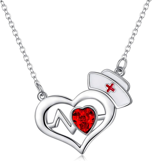 AOBOCO Nurse Necklace Sterling Silver Nurse Hat Charm with EKG Heartbeat Heart Necklace Jewelry Gifts for Doctor Medical Student, Crystal from Aus...
