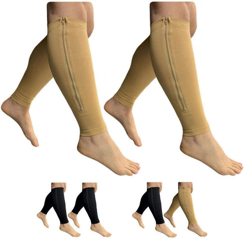 Footless 15-20 mmHg Zipper Compression Leg Calf Shin Sleeve 2 Pairs (Beige Combo, 4X-Large)...