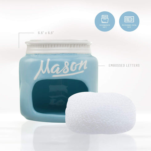 Blue Mason Jars Ceramic Sponge Holder for Kitchen Sink Organizer - Mason Jar Decor Farmhouse Sink Caddy Sponge Holder w/ Non Scratch Scrubber - Ho...