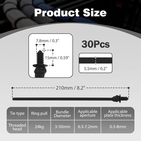 30PCS Push Mount Cable Zip Tie 8.3 x 0.2 inch Self Locking Cable Strap Push Mount Cable Ties Nylon Car Mount Wire Tie Car Fastener Cable Clips Wra...