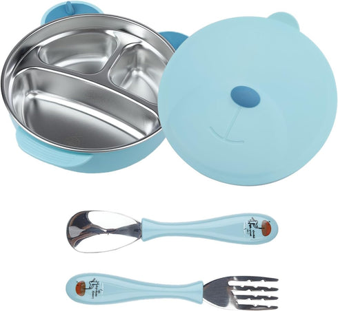 Stainless Steel Baby Feeding Bowl, Toddler Suction Plate with Lid Spoon and Fork, Perfect for Children (Blue)...