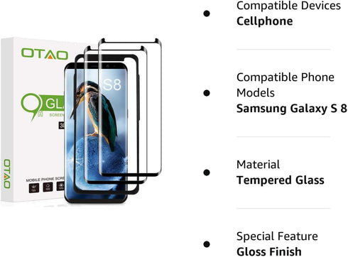 OTAO Galaxy S8 Screen Protector Tempered Glass (2 Pack), 3D Curved Dot Matrix Glass Screen Protector for Samsung Galaxy S 8 with Installation Tray...
