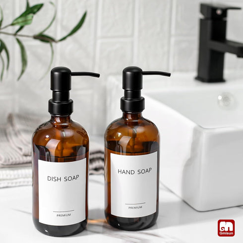 GMISUN Amber Glass Soap Dispenser, 2 Pack Bathroom Hand Soap Dispensers with Stainless Steel Pump, 17 Fl Oz Kitchen Hand and Dish Soap Dispenser S...