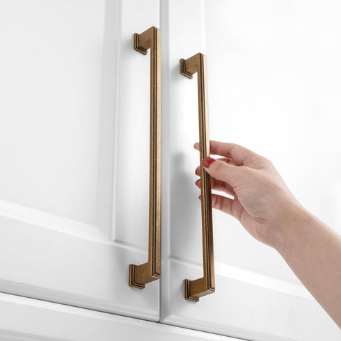 KOOFIZO Stepped Bar Cabinet Pull - Antique Brass Furniture Handle, 10 Inch/256mm Screw Spacing, 1-Piece for Kitchen Cupboard Door, Bedroom Dresser...