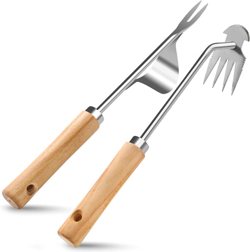Stainless Steel Weed Puller 2 Pcs, Multifunction Weeder Puller, Wood Handle Hand Weeder Tool for Gardening, Shaped Light Duty Hand Weeder for Gard...