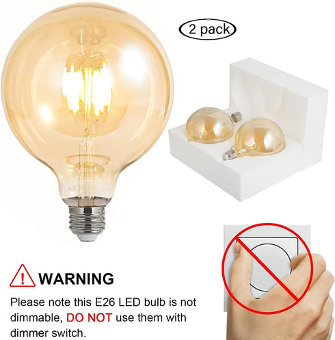LED Bulbs 60 Watt Equivalent, 2 Pack 6W G125 LED Globe Bulbs, Antique Vintage Light Bulbs Amber, E26 LED Edison Light Bulb, 2700K 800LM Warm White...