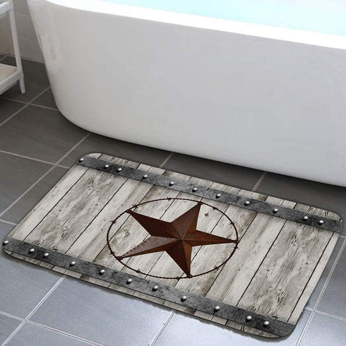 JAWO Rustic Barn Star Bathroom Rug, Non Slip Bath Mat with Design Retro Western Texas Star on Grey Wooden Grain Bathroom Accessories Shower Mat Ki...
