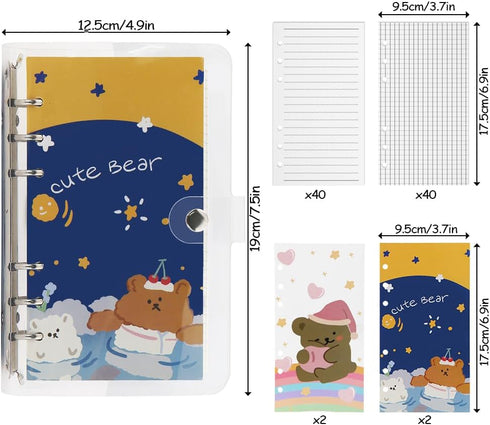 2 Pcs A6 Binder Notebook,Cartoon Bear 6 Ring Loose Leaf Small Diary Journal Planning Notepad Pocket Notebook with Transparent PVC Cover Gift for K...