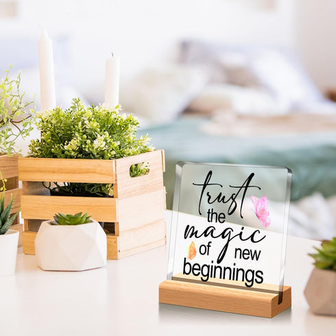 Inspirational Office Home Desk Decor,Trust the Magic of New Beginnings Motivational Sign Acrylic Plaque With Wooden Stand Sign Home Tabletop Offic...