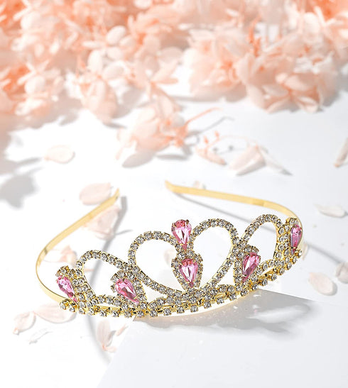 Lovelyshop Pink Gems Rhinestone Gold Tiara for Little Kid Big Kid Prom Birthday Princess Crown...