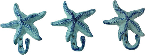 Starfish Cast Iron Wall Hooks Antique Blue - Set of 3 for Coats, Aprons, Hats, Towels, Pot Holders, More...