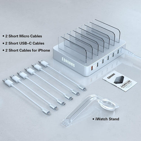 COSOOS Fastest Charging Station with QC 3.0, 63W 6-Port USB Charging Station for Multiple Devices with 6 Mixed Short Cables & lWatch Stand,Multi C...