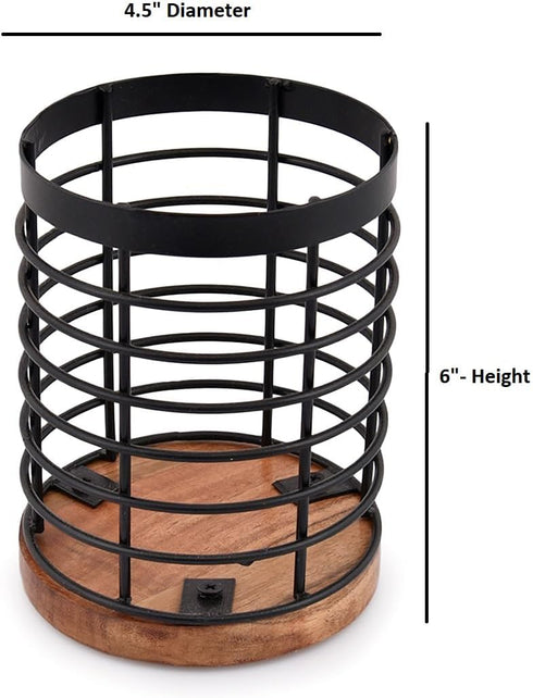 Black Iron Kitchen Utensil Holder with Acacia Wooden Base Round Flatware Storage for Countertop (4.5" x 4.5" x 6")...