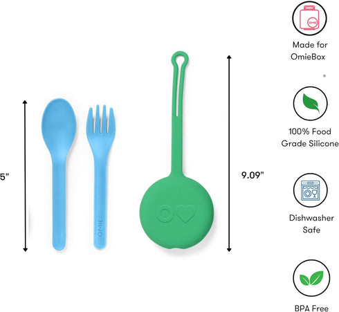 Omie OmieBox Kids Utensils Set with Case - 2 Piece Plastic, Reusable Fork and Spoon Silverware with Pod for Kids (Mint Green)...