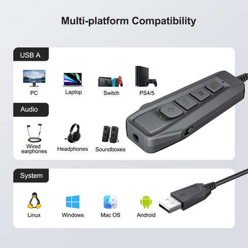 Inwa Aux to USB External Sound Card, Simultaneous Phone Discord Chat & Gaming Sound in Wired Headphone, USB to 3.5mm Jack Audio Adapter, 7.1 Surro...