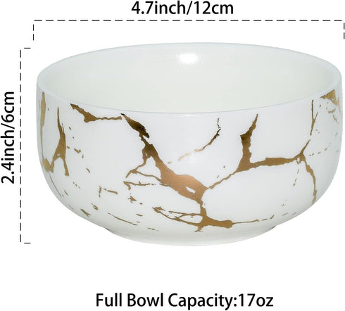 Ceramic Cereal Bowl Marble Soup Bowl 17 OZ Ceramic Rice Bowl Luxury Gold Inlay Dessert Bowl Microwave and Dishwasher Safe for Oatmeal Snack (White...