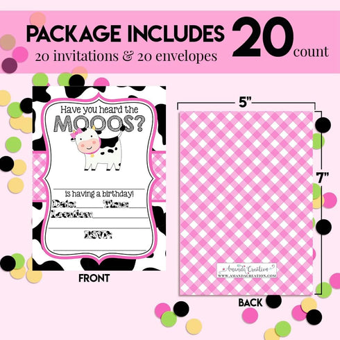 Heard the Moos Pink Cow-Themed Birthday Party Invitations for Kids, 20 5x7 Fill In Cards with Twenty White Envelopes by AmandaCreation...
