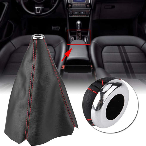 Gear Shift Boot, PU Leather, Black with Red Stitch, Easy to Install, Universal Fit...
