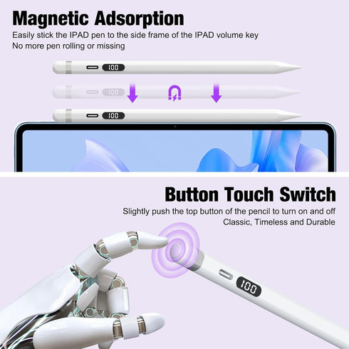Stylus Pen for Apple iPad,X-fast 10 mins Charging,Battery Display for iPad Stylus Pencil compatible with iPad 6/7/8/9/10th,iPad Pro 11/12.9",iPad ...