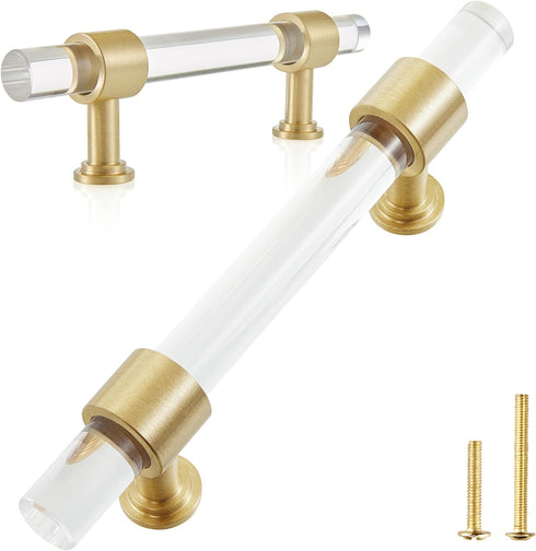 QOGRISUN 2-Pack Acrylic Cabinet Pulls with Brass Base, Gold Modern Drawer Handles, 3-3/4-inch Hole Center for Kitchen, Dresser Drawer Clear Glass ...