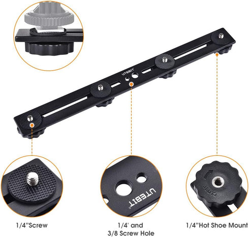 UTEBIT 11 inch Flash Bracket, Long Dual Camera Mount Flash Bracket Extension Bar with 1/4“ Hot Shoe, Straight Flash Brackets 1/4- 3/8 Thread Hole ...