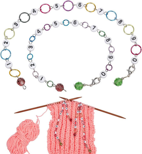 NBEADS 2 Pcs Glass Number Beads Knitting Row Counter Chains, Link Beads Stitch Marker Row Counter Chains with Aluminum Linking Ring for Sewing Kni...