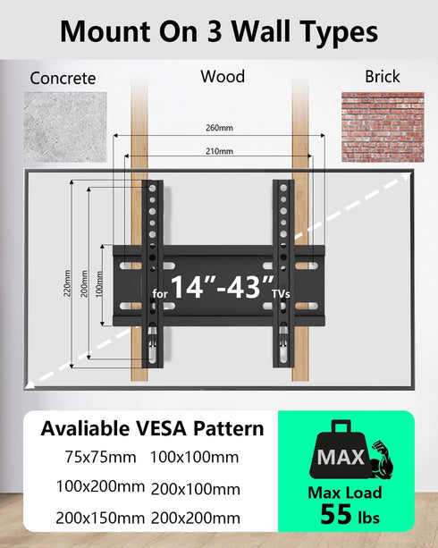 Fixed TV Wall Mount for 14-43 Inches Flat Screen TVs, Low Profile TV Mount Bracket Hold Up 55lbs, Wall Mount TV Bracket Flush Mount Space Saving, ...