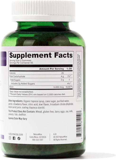 NatureWise Biotin Gummies - Hair, Skin and Nails Vitamin - Biotin 5000mcg Supports Hair and Nail Strength - Strawberry-Kiwi Flavor - Vegan, Non-GM...