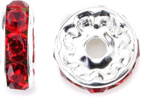 RUBYCA 100pcs 6mm Round Rondelle Spacer Charm Beads Silver Tone Light Siam Red Czech Crystal...