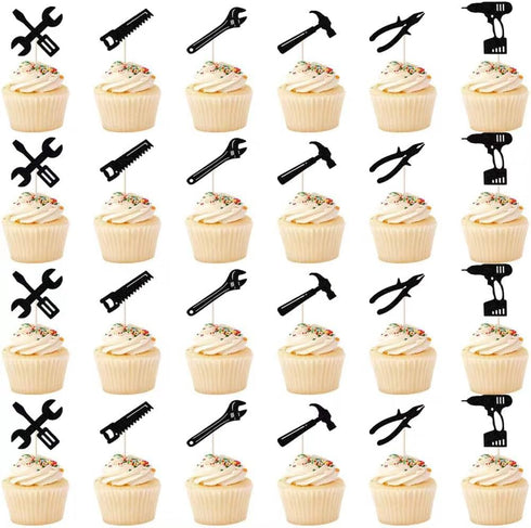 24PCS Tools Cupcake Topper?Wrench Hammer Drill Pliers Handsaw Tape Measure Screwdriver Construction Tools Cake Decorating?Boys Men Birthday Cake d...